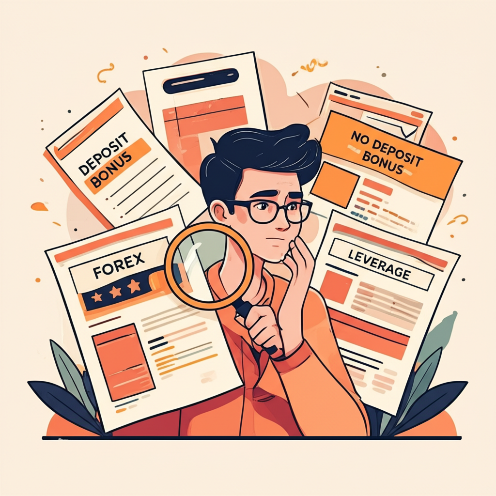 นักลงทุนกำลังใช้แว่นขยายตรวจสอบเงื่อนไขโบนัส Forex อย่างละเอียด