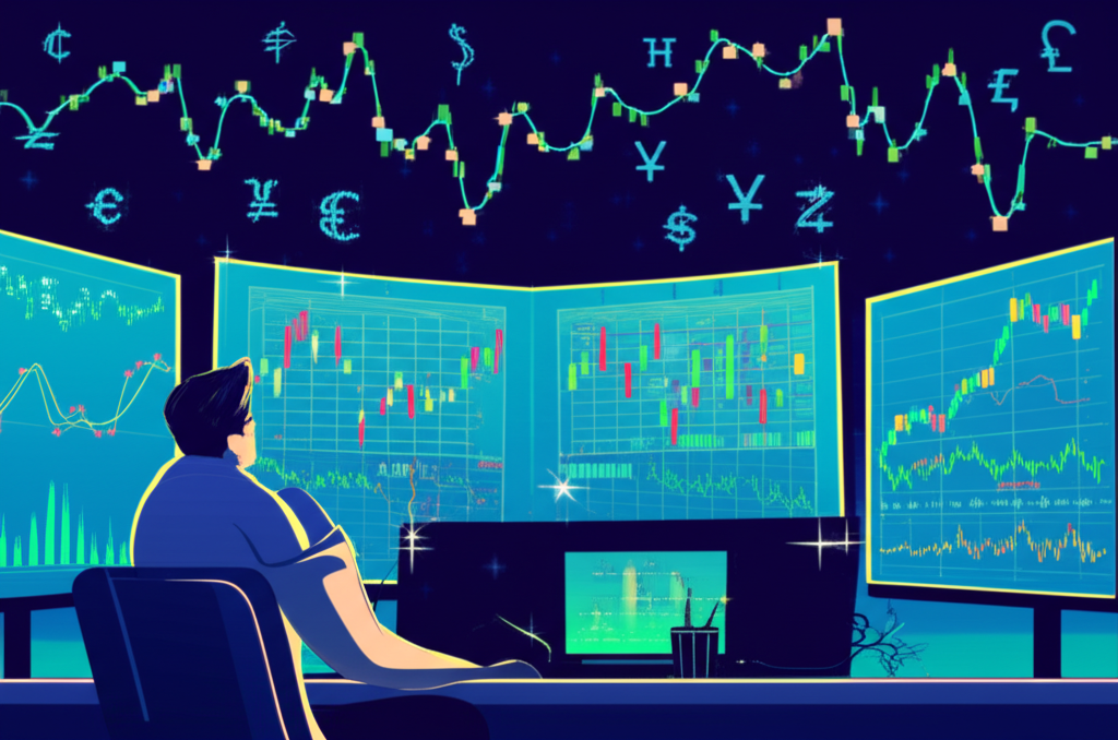 ภาพประกอบนักลงทุนชาวไทยกำลังศึกษากราฟการเทรด Forex พร้อมสัญลักษณ์สกุลเงินทั่วโลก แสดงถึงความเสี่ยงและผลตอบแทนสูง