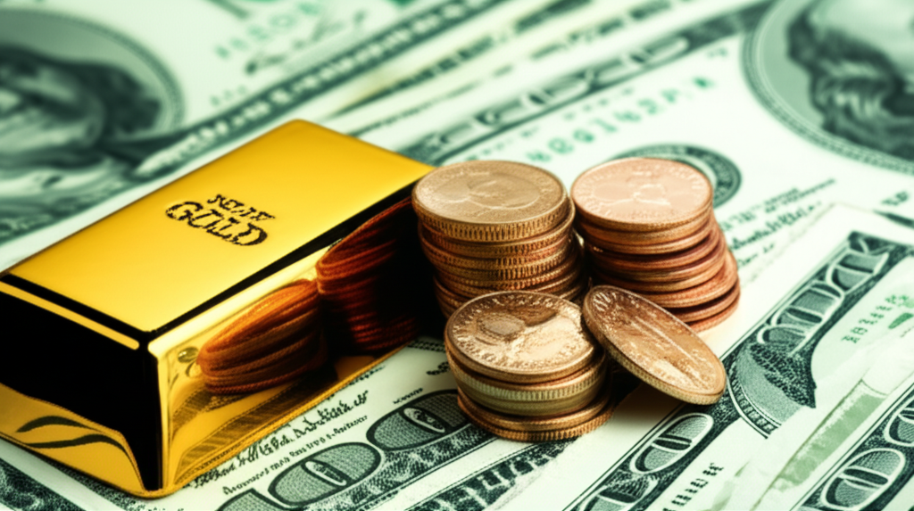 ภาพประกอบ XAU/USD กราฟ พร้อมทองคำแท่งและเหรียญดอลลาร์สหรัฐฯ บนแผนภูมิการเงินโลก