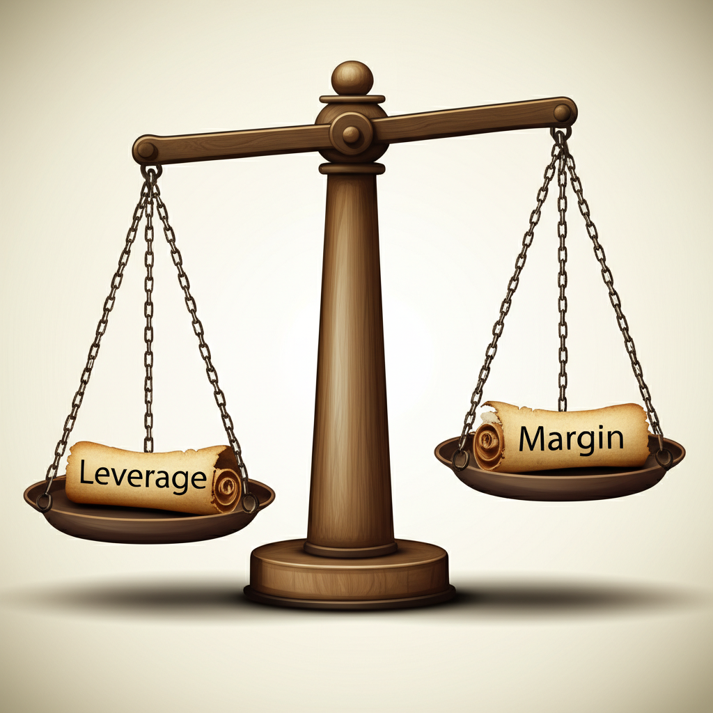 ตาชั่งที่ด้านหนึ่งมีคำว่า 'Leverage' และอีกด้านหนึ่งมีคำว่า 'Margin' สื่อถึงความสัมพันธ์ที่เชื่อมโยงกันอย่างแยกไม่ออก