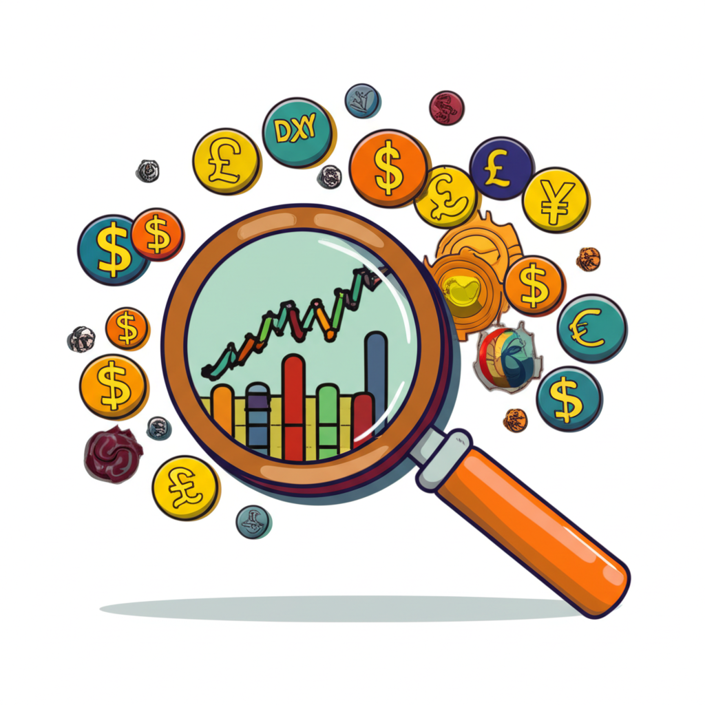 แผนภูมิ DXY พร้อมสกุลเงินทั่วโลกและแว่นขยาย แสดงถึงความสำคัญในการติดตามค่าเงิน