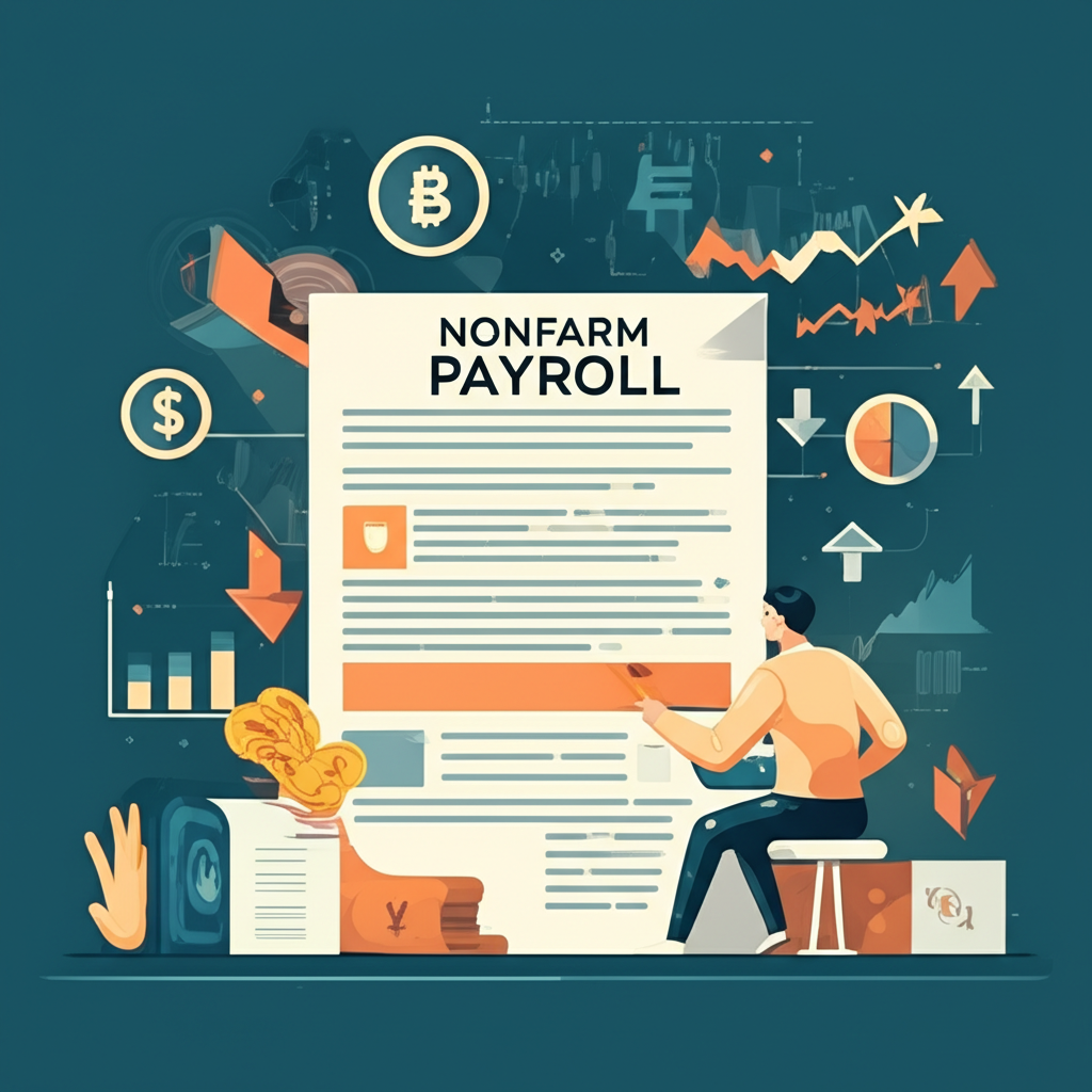 ภาพประกอบ: บุคคลกำลังศึกษาข้อมูล Nonfarm Payroll รายล้อมด้วยตัวชี้วัดทางเศรษฐกิจและสัญลักษณ์ผลกระทบต่อตลาด