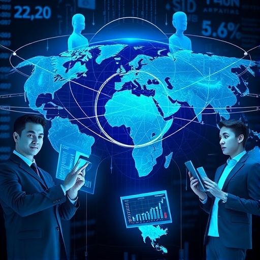 ภาพประกอบตลาด Forex ที่เชื่อมโยงทั่วโลก แสดงความทันสมัยและเทคโนโลยีของตลาดการเงิน