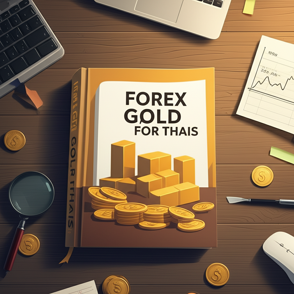 เปิดตำราคู่มือ 'Forex Gold for Thais' วางอยู่บนโต๊ะ พร้อมเครื่องมือการเทรดและโน้ตประกอบ