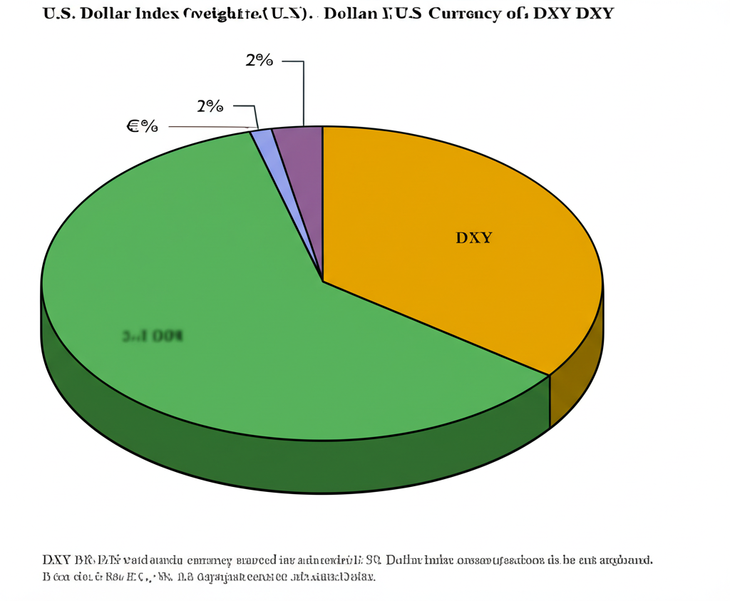 แผนภูมิวงกลมแสดงสัดส่วนน้ำหนักของสกุลเงินในดัชนี DXY โดยยูโรมีขนาดใหญ่ที่สุด