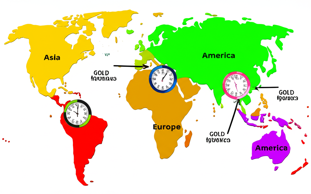 แผนที่โลกที่เน้นย้ำโซนเวลา 3 โซนหลัก (เอเชีย ยุโรป อเมริกา) พร้อมนาฬิกาแสดงช่วงเวลาซื้อขายทองคำ
