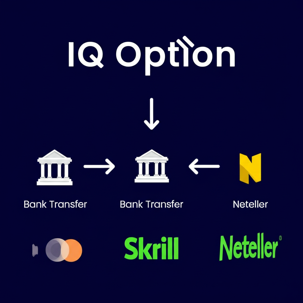 ภาพประกอบ: แสดงตัวเลือกการถอนเงินจาก IQ Option ได้แก่ การโอนผ่านธนาคาร, Skrill, Neteller พร้อมลูกศรชี้บ่งชี้ตัวเลือกต่างๆ