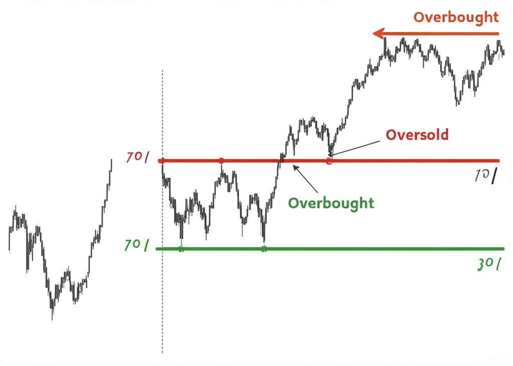 ภาพประกอบเส้น RSI เข้าสู่โซน overbought (เหนือ 70) และ oversold (ต่ำกว่า 30) บ่งชี้ถึงการเปลี่ยนแปลงโมเมนตัมราคา