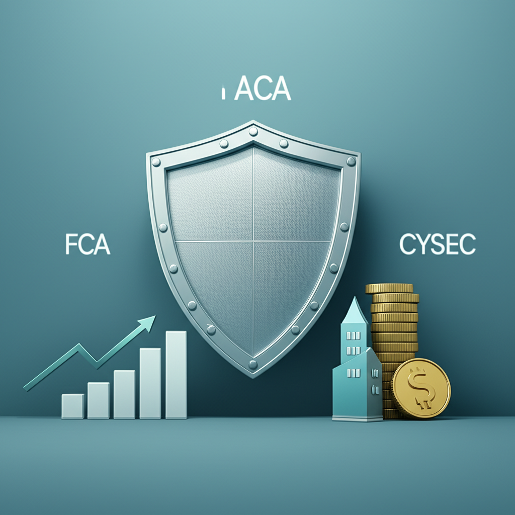 โลโก้หน่วยงานกำกับดูแลการเงิน เช่น FCA, CySEC ล้อมรอบโล่ป้องกันสินทรัพย์ทางการเงิน