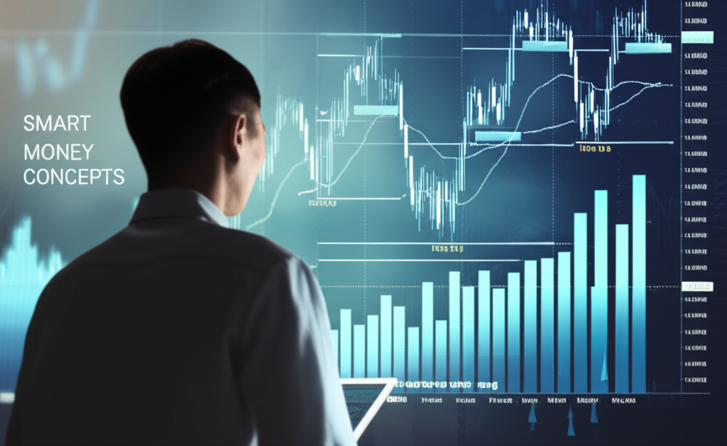 นักเทรดชาวไทยกำลังวิเคราะห์กราฟ Forex ที่มีโซน Fair Value Gap สว่างไสว พร้อมแนวคิด Smart Money Concepts อยู่เบื้องหลัง