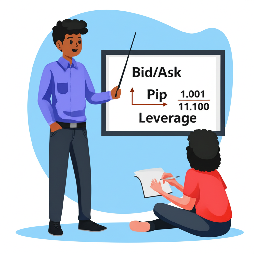ภาพประกอบผู้เชี่ยวชาญอธิบายแนวคิดพื้นฐาน Forex เช่น Bid, Ask, Pip และ Leverage