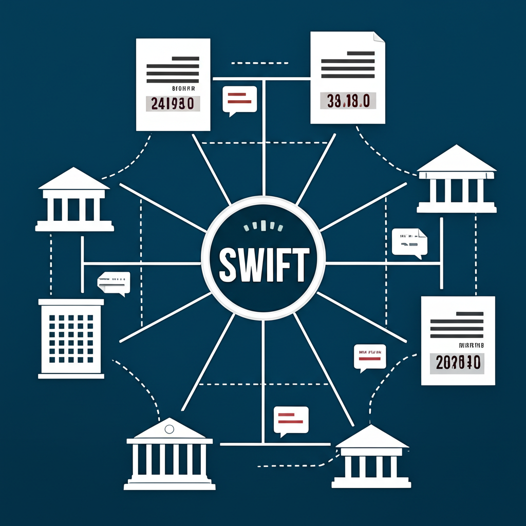 ภาพประกอบเครือข่าย SWIFT ที่เชื่อมต่อธนาคารทั่วโลก ส่งข้อความและคำสั่งการชำระเงินอย่างปลอดภัย พร้อมระบุรหัส BIC