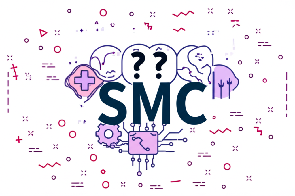 ภาพประกอบคำย่อ SMC กับคำถามรอบตัว พร้อมสัญลักษณ์ทางการแพทย์ แผนภูมิหุ้น เกียร์ และแผงวงจร