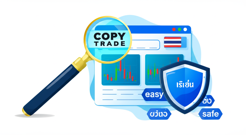 ภาพประกอบแว่นขยายบนแพลตฟอร์ม Copy Trade เน้นคำว่า ง่ายและปลอดภัย มีโล่ความปลอดภัยสำหรับผู้ใช้ชาวไทย
