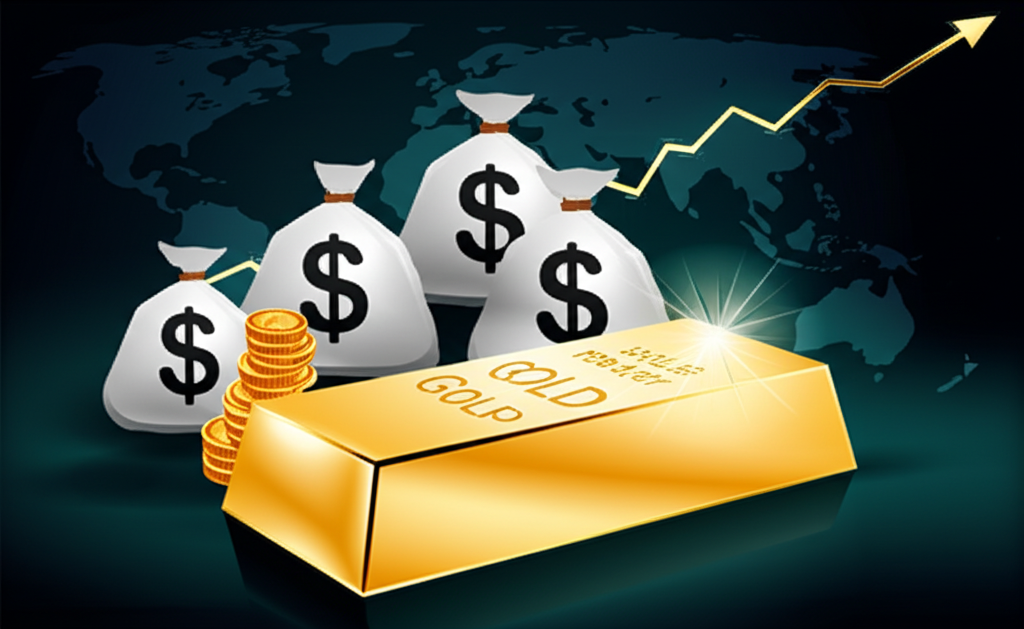 สัญลักษณ์เศรษฐกิจต่างๆ เช่น แผนภูมิ เงินตรา และแผนที่โลก ล้อมรอบแท่งทองคำ
