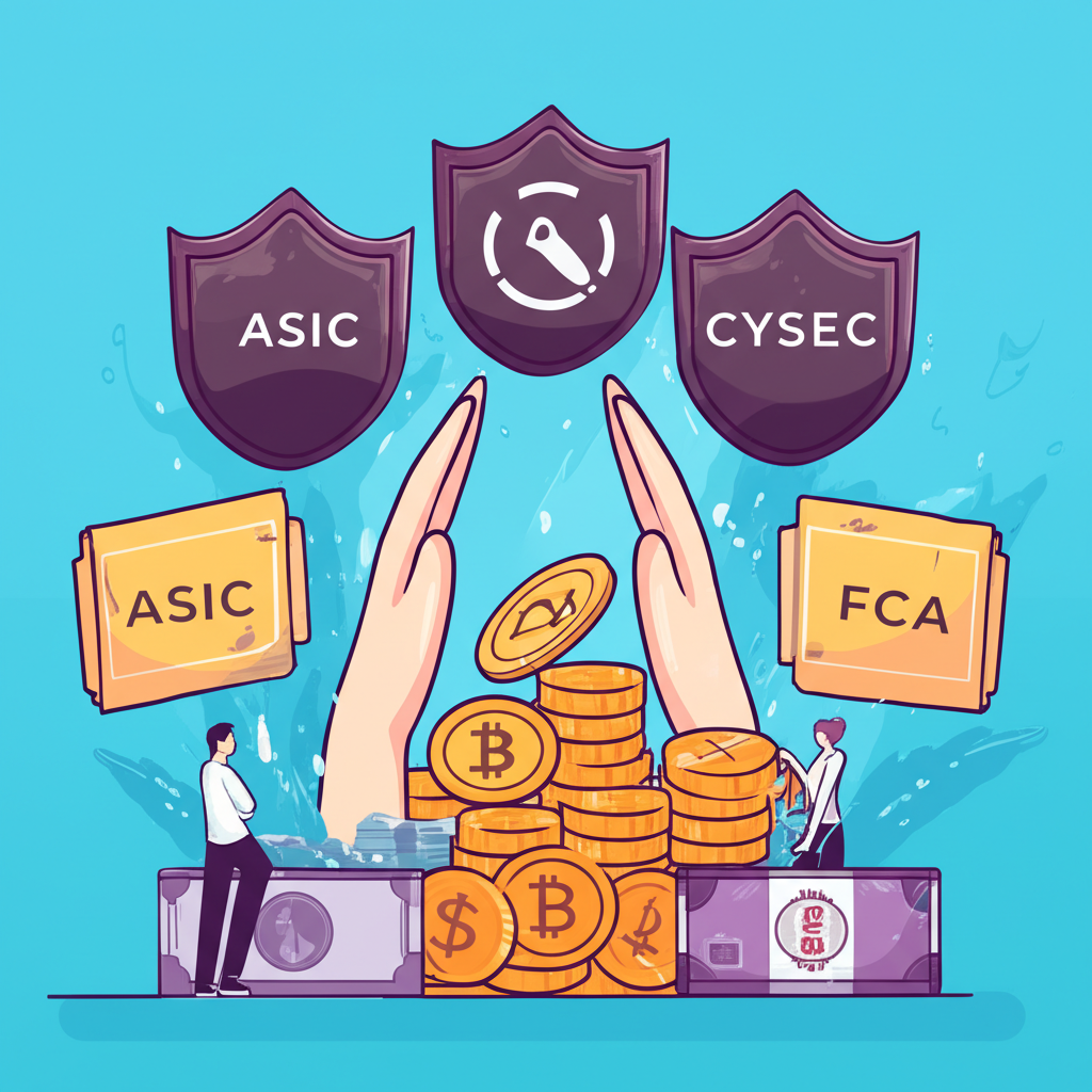 ไอคอนหน่วยงานกำกับดูแลการเงินจากต่างประเทศ เช่น ASIC, CySEC, FCA คุ้มครองนักลงทุนไทยและเงินทุน แบบภาพประกอบ