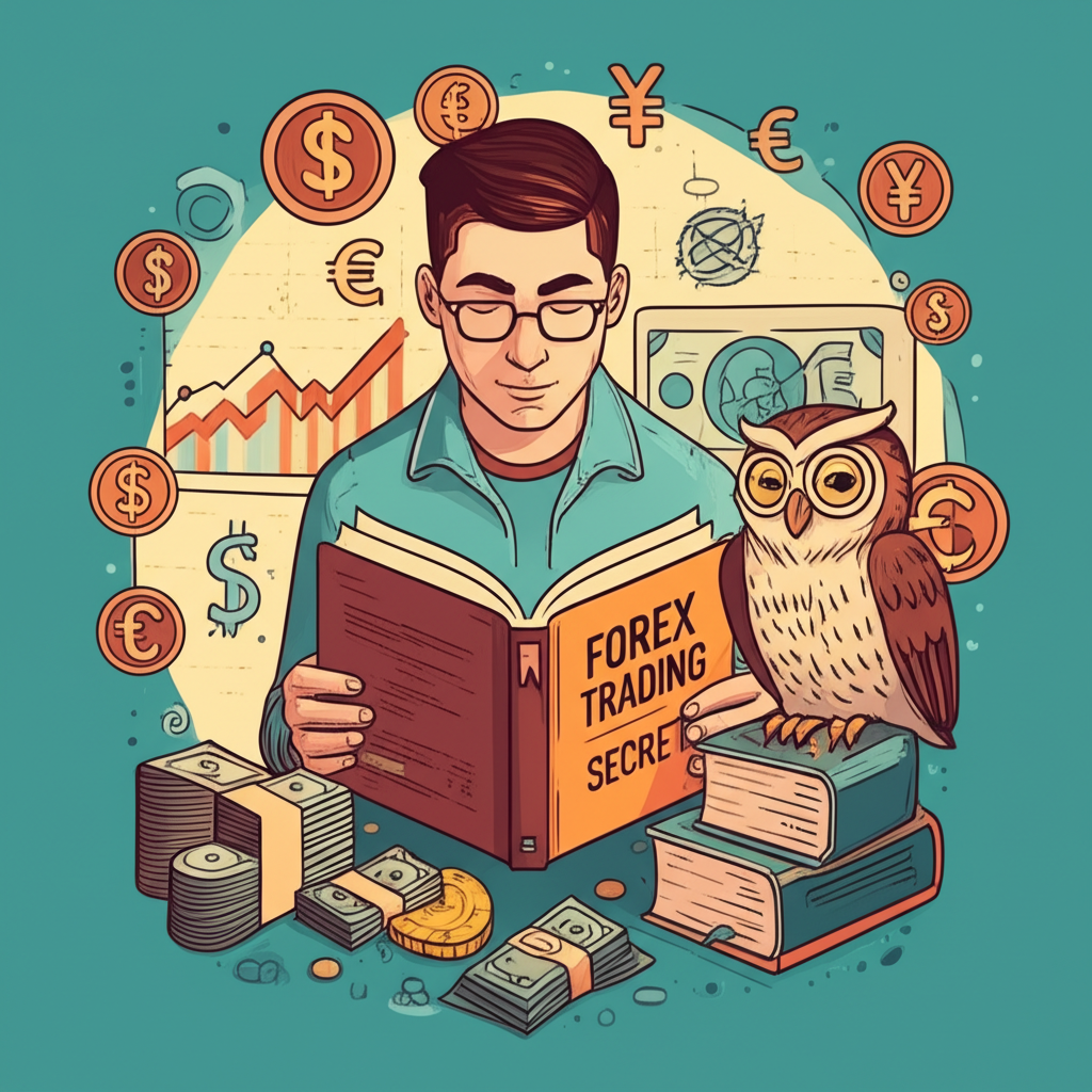 ภาพประกอบการอ่านหนังสือเทรด Forex พร้อมกราฟและสัญลักษณ์ทางการเงิน