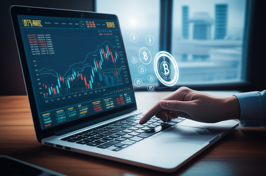 นักเทรดใช้แพลตฟอร์มทันสมัยในการซื้อขาย Bitcoin CFD พร้อมกราฟและสัญลักษณ์คริปโต ประเทศไทย ปี 2025