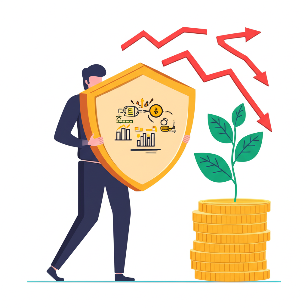 ภาพประกอบนักลงทุนที่กำลังนำโล่ Money Management เข้ามาป้องกันพอร์ตการลงทุนขณะเผชิญกับตลาดที่ผันผวนรุนแรง แสดงถึงการปกป้องเงินทุนและการเติบโตอย่างต่อเนื่อง