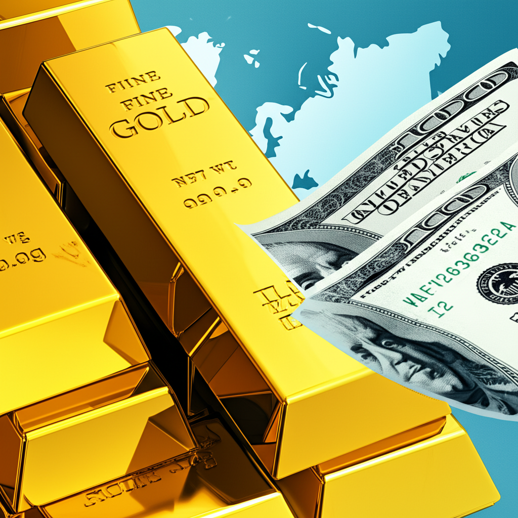 ภาพประกอบแนวคิด XAU/USD แสดงการรวมตัวของแท่งทองคำและแบงก์ดอลลาร์สหรัฐฯ บนพื้นหลังแผนที่โลก