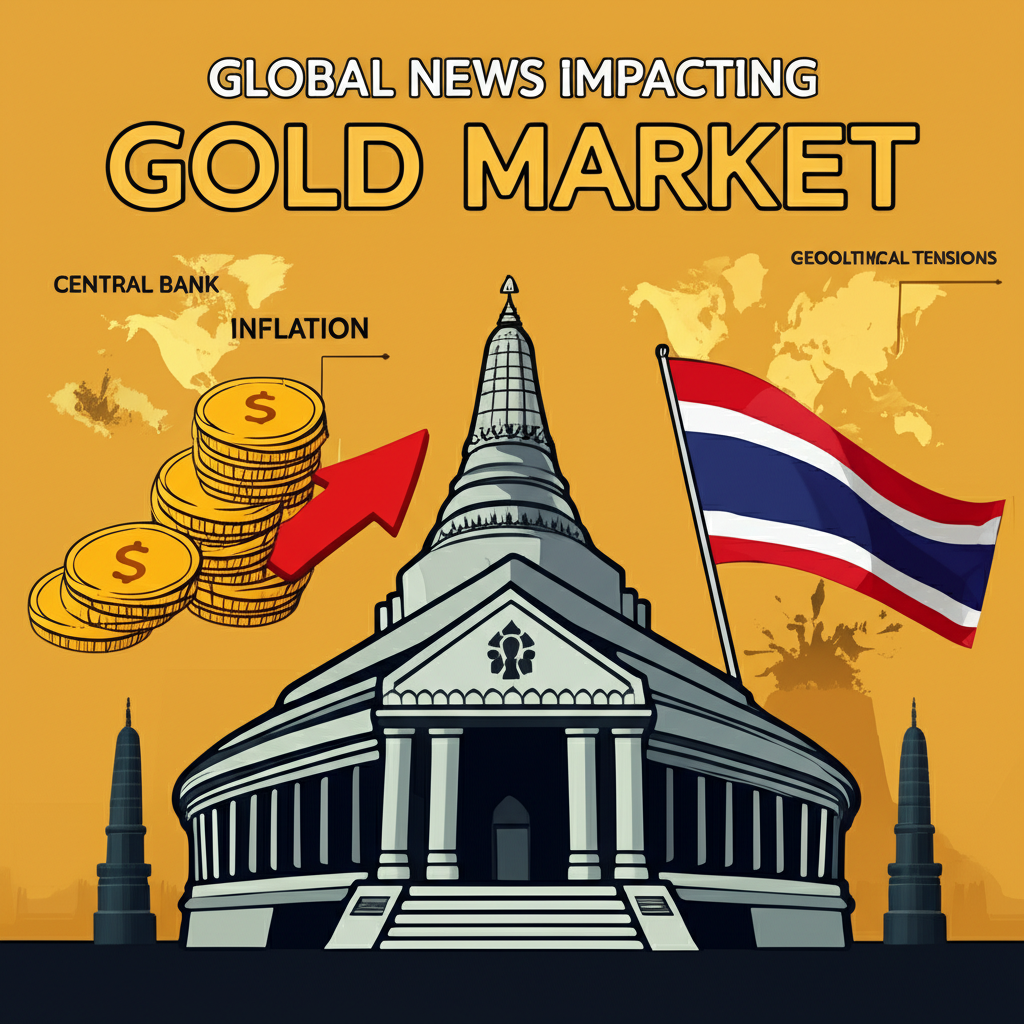 ภาพประกอบเหตุการณ์ทั่วโลกที่มีผลต่อตลาดทองคำ เช่น ธนาคารกลาง ภาวะเงินเฟ้อ และความตึงเครียดทางภูมิรัฐศาสตร์ รวมถึงมุมมองในประเทศไทย