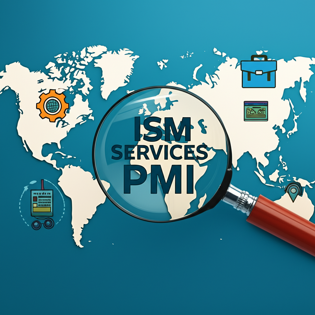 ภาพประกอบดัชนี ISM Services PMI บนแผนที่โลกพร้อมสัญลักษณ์อุตสาหกรรมบริการ