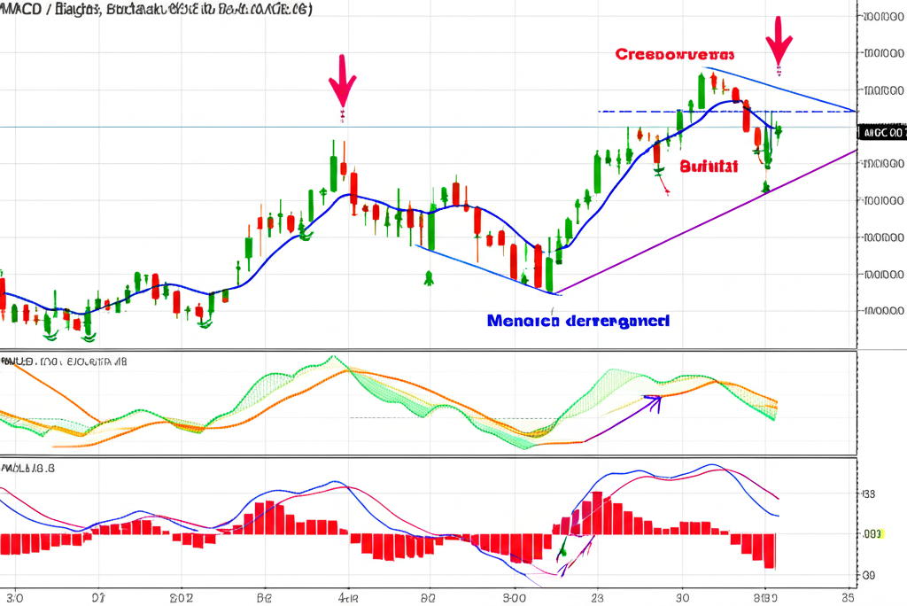 กราฟแสดงสัญญาณ Crossover ทั้งแบบ Bullish และ Bearish รวมถึง Divergence ทั้งสองแบบ พร้อมลูกศรชี้จุดสัญญาณ