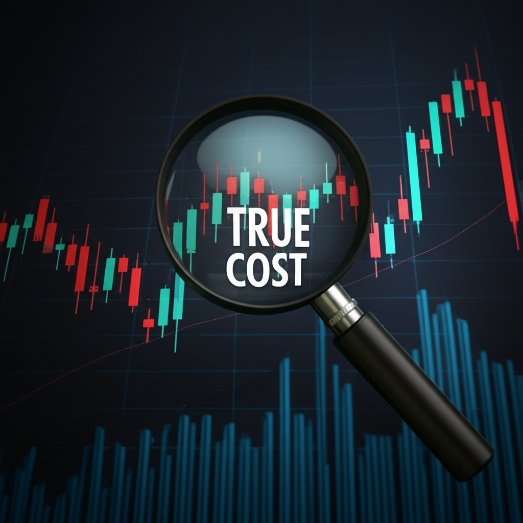 Illustration: Magnifying glass over forex charts, revealing 'True Cost'. Emphasizes low commission for better profits.