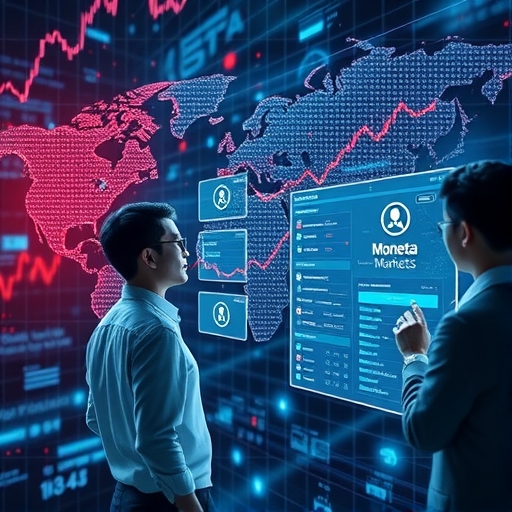 ภาพแนวฟิวเจอริสติกที่สื่อถึงอนาคตของการซื้อขาย Forex โดยใช้เทคโนโลยีขั้นสูงและการเชื่อมต่อทั่วโลก