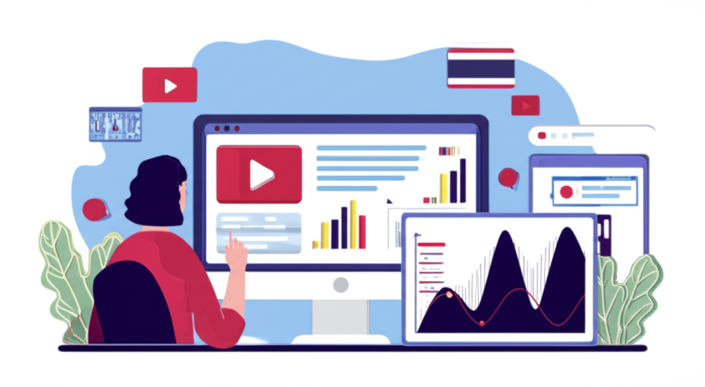 นักเทรดชาวไทยกำลังดูรีวิวโบรกเกอร์ฟอเร็กซ์บน YouTube กับหน้าจอมอนิเตอร์ที่แสดงกราฟการเทรดในรูปแบบดิจิทัลทันสมัย