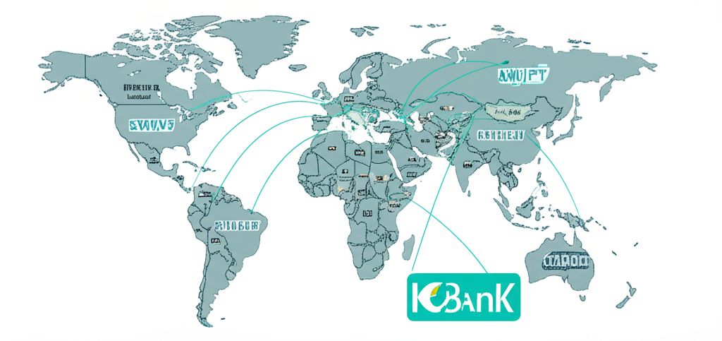 ภาพประกอบการโอนเงินข้ามประเทศ แสดงเส้นเชื่อมระหว่างประเทศ มีโลโก้ KBank และแนวคิดเรื่อง SWIFT Code