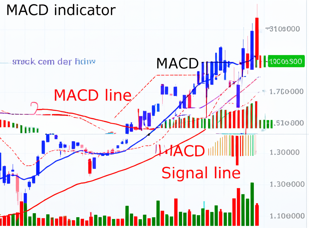 กราฟแสดงส่วนประกอบของ MACD ได้แก่ เส้น MACD, เส้น Signal และฮิสโตแกรม พร้อมคำอธิบายแต่ละส่วน