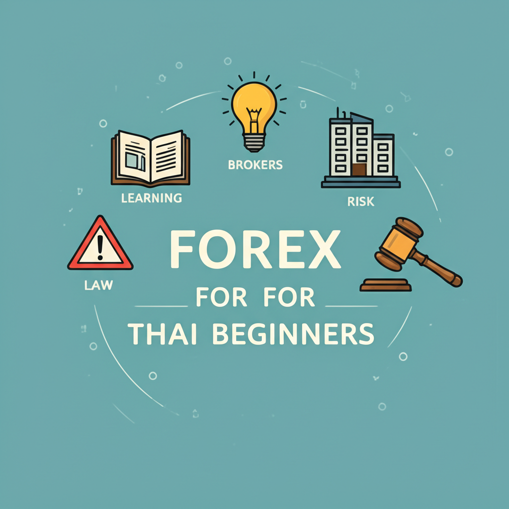 ภาพประกอบคู่มือการเทรด Forex สำหรับมือใหม่ชาวไทย พร้อมไอคอนเกี่ยวกับการเรียนรู้ โบรกเกอร์ การจัดการความเสี่ยง และกฎหมาย