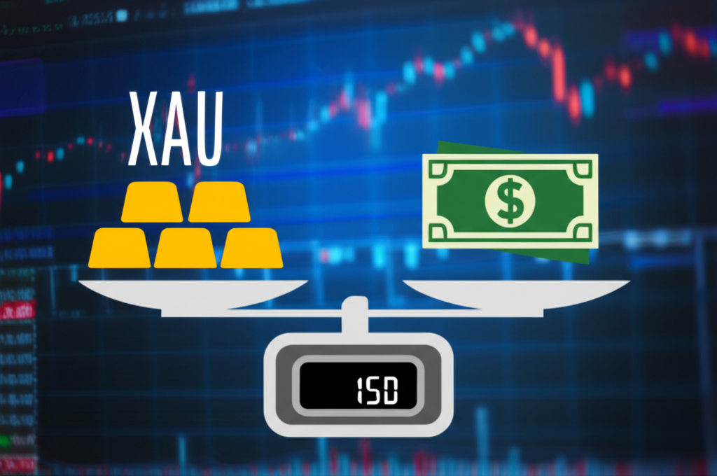 ไอคอนทองคำ (XAU) และดอลลาร์ (USD) ถูกชั่งบนตาชั่งดิจิทัล พื้นหลังเป็นอินเทอร์เฟซการเทรดฟอเร็กซ์