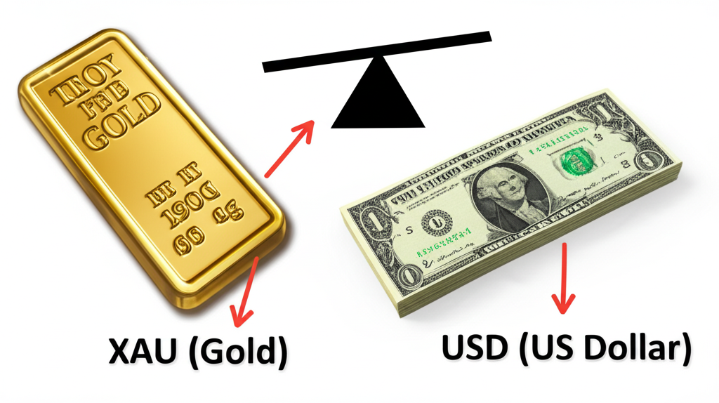 คำอธิบายสัญลักษณ์ XAU/USD แสดงทองคำหนึ่งทรอยออนซ์และดอลลาร์สหรัฐฯ พร้อมความสัมพันธ์แบบผกผัน