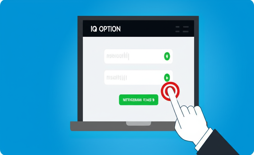ภาพประกอบการล็อกอิน IQ Option และมือที่ชี้ไปยังเมนูถอนเงิน