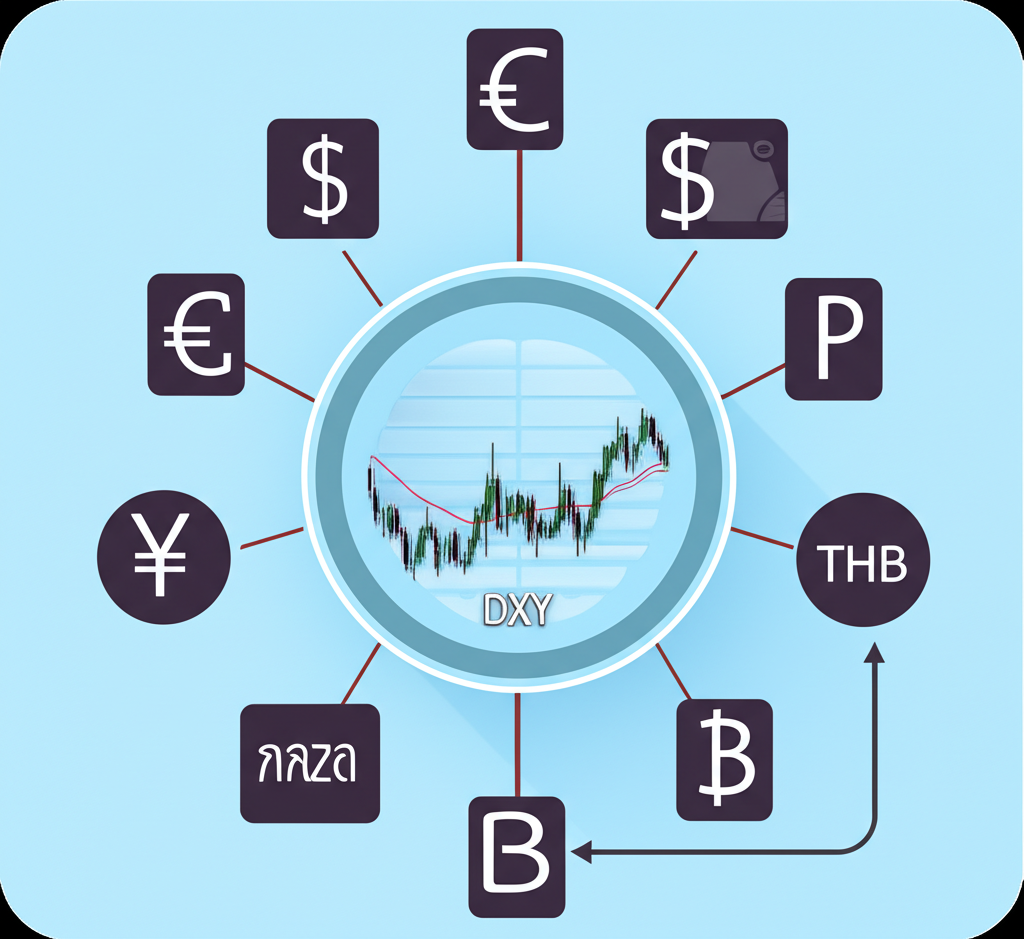 แผนภูมิดัชนี DXY เชื่อมโยงกับสกุลเงินทั่วโลกและผลกระทบต่อการลงทุน