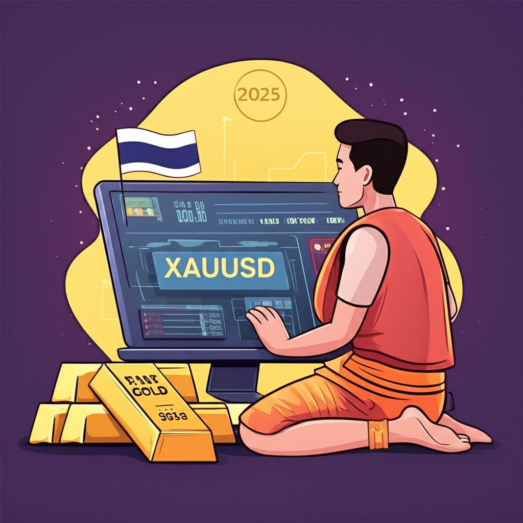 นักเทรดชาวไทยกับกราฟ XAUUSD บนหน้าจอ พร้อมแท่งทอง แสดงการลงทุนในสินทรัพย์ปลอดภัยปี 2025