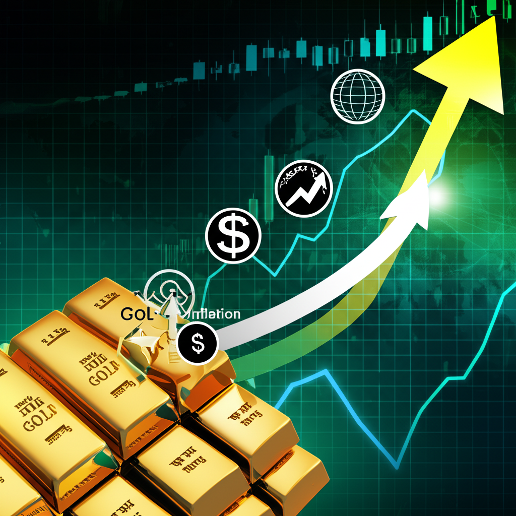ภาพประกอบทองคำแท่งเปลี่ยนเป็นกราฟ XAU/USD พร้อมปัจจัยเศรษฐกิจต่างๆ เช่น ดอลลาร์ เงินเฟ้อ และเหตุการณ์โลก