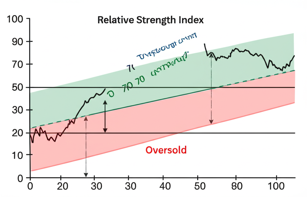 กราฟ RSI แสดงการเคลื่อนไหวของเส้นระหว่าง 0-100 พร้อมเน้นโซน Overbought ที่ระดับ 70 และ Oversold ที่ระดับ 30