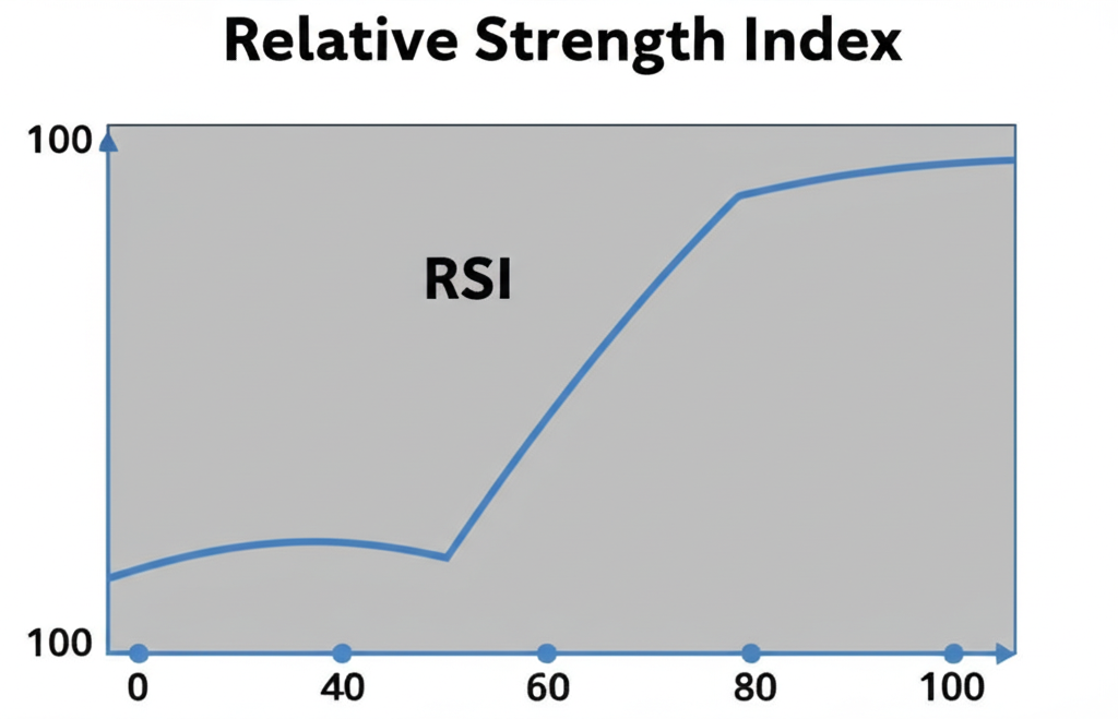 กราฟแสดงเส้น RSI ที่เคลื่อนที่ระหว่าง 0 ถึง 100 วัดโมเมนตัมราคา ซึ่งพัฒนาโดย J. Welles Wilder Jr.