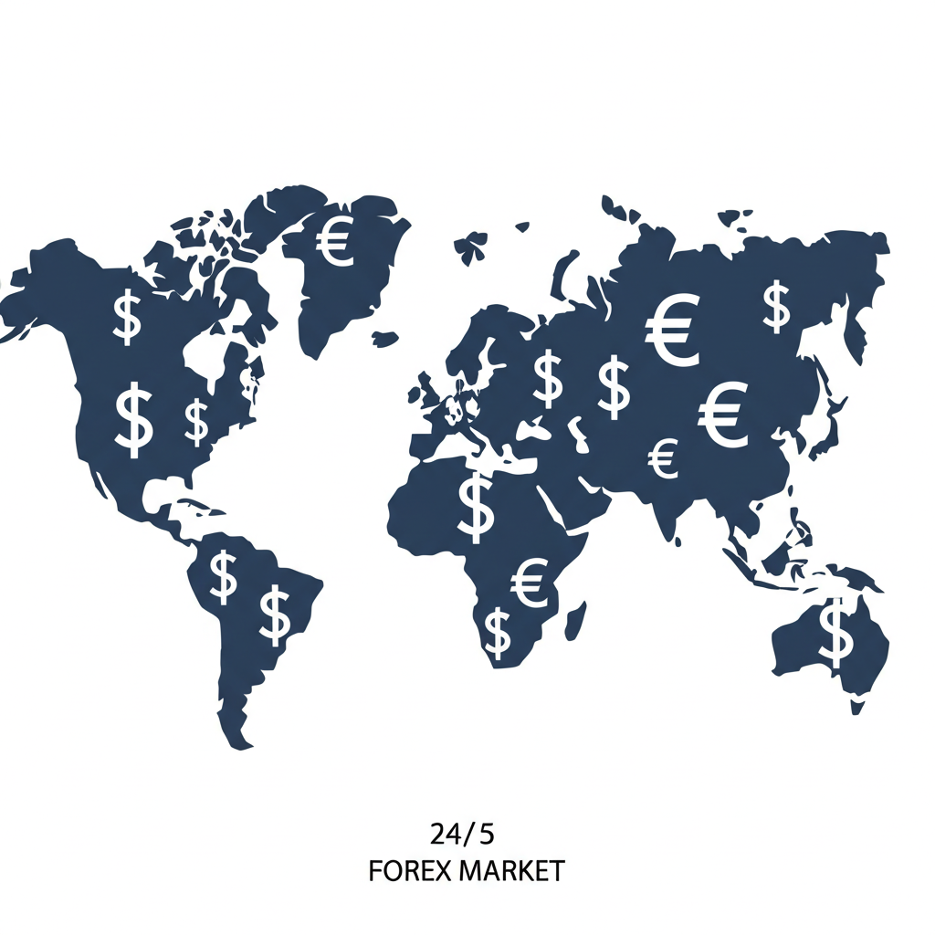 ภาพประกอบตลาด Forex ทั่วโลก แผนที่โลกพร้อมสัญลักษณ์สกุลเงินหลัก เช่น USD, EUR และการแสดงการซื้อขายตลอด 24 ชั่วโมง 5 วันต่อสัปดาห์