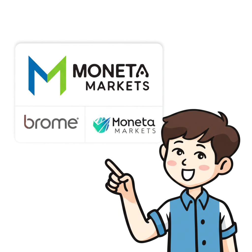 ตัวละครตัวช่วยที่เป็นมิตรกำลังชี้ไปยังโลโก้ Moneta Markets ท่ามกลางตัวเลือกโบรกเกอร์อื่นๆ กำลังแนะนำนักลงทุนมือใหม่ชาวไทย