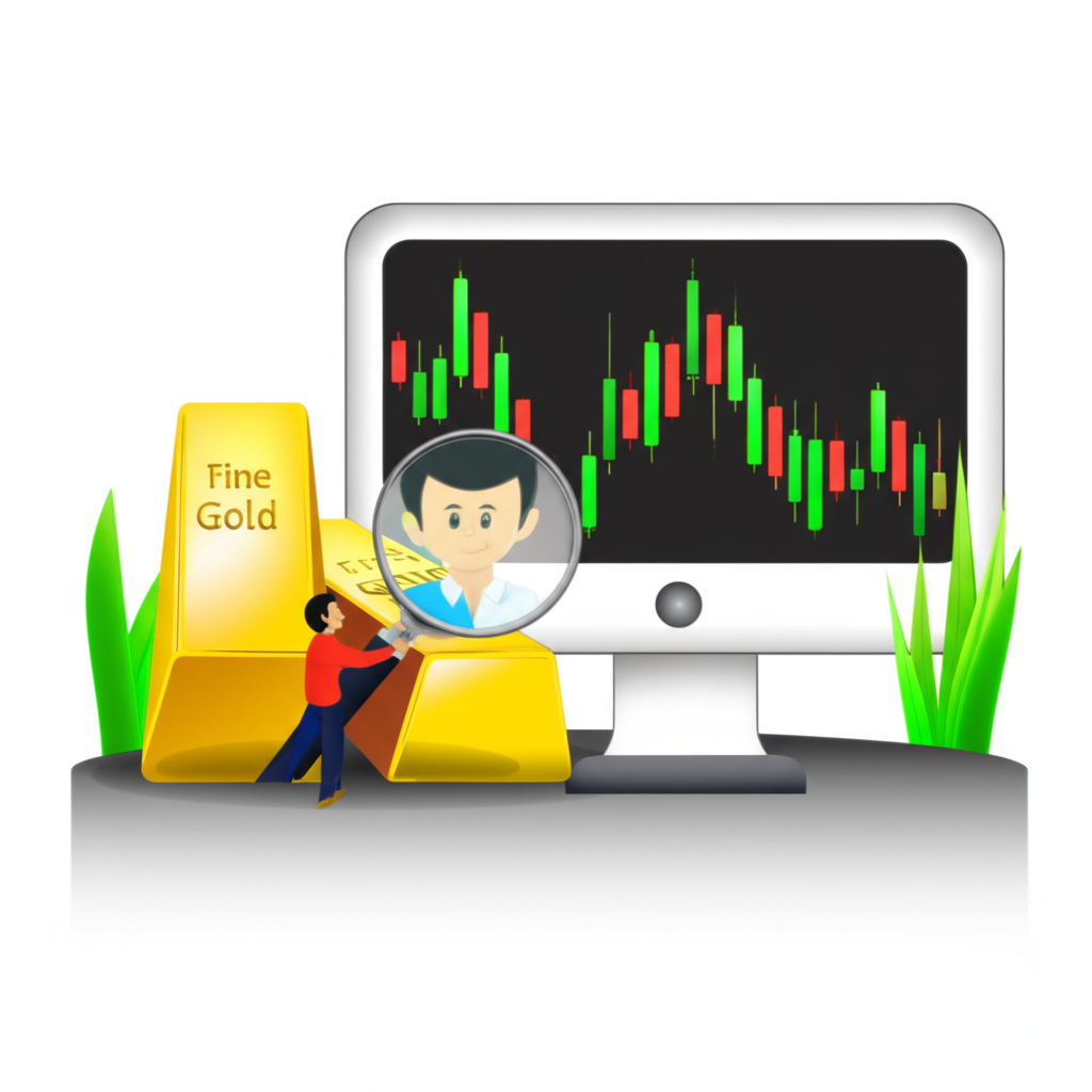 นักเทรดชาวไทยวิเคราะห์กราฟ XAUUSD พร้อมแท่งทองและแว่นขยาย แสดงความผันผวนของตลาดและการทำกำไร