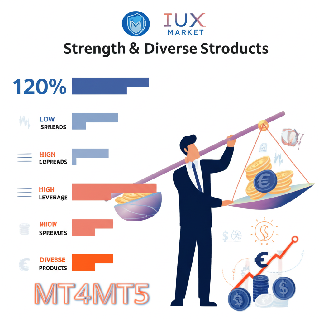 Illustration of IUX Market's strengths: low spreads, high leverage, MT4/MT5, diverse products.
