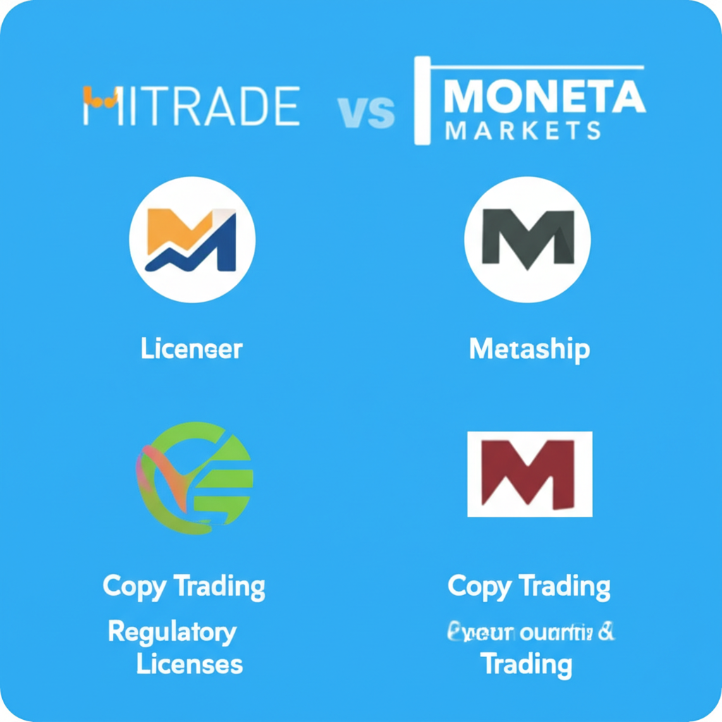 ภาพเปรียบเทียบแพลตฟอร์ม Mitrade และ Moneta Markets พร้อมเน้นใบอนุญาตกำกับดูแลและคุณสมบัติพิเศษอย่าง Copy Trading