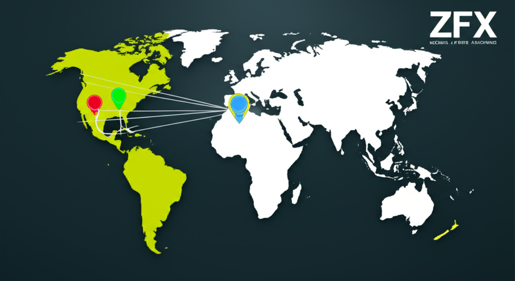 Illustration: ZFX global forex platform, map highlights Thailand, safe, efficient trading.