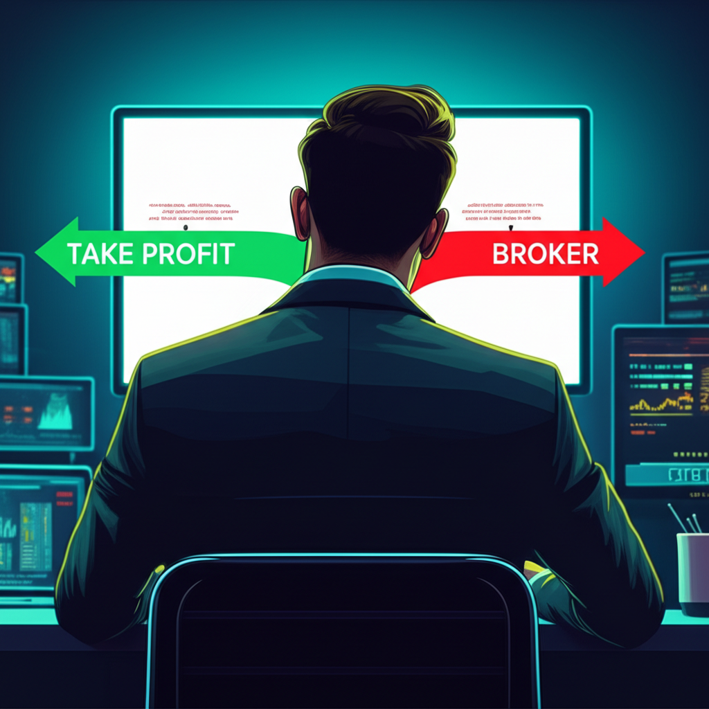 นักเทรดมองหน้าจอที่แสดงเส้นทางสองเส้น ได้แก่ 'Take Profit' และ 'Broker' ซึ่งสื่อถึงความหมายสองแง่ของ 'tp trade'