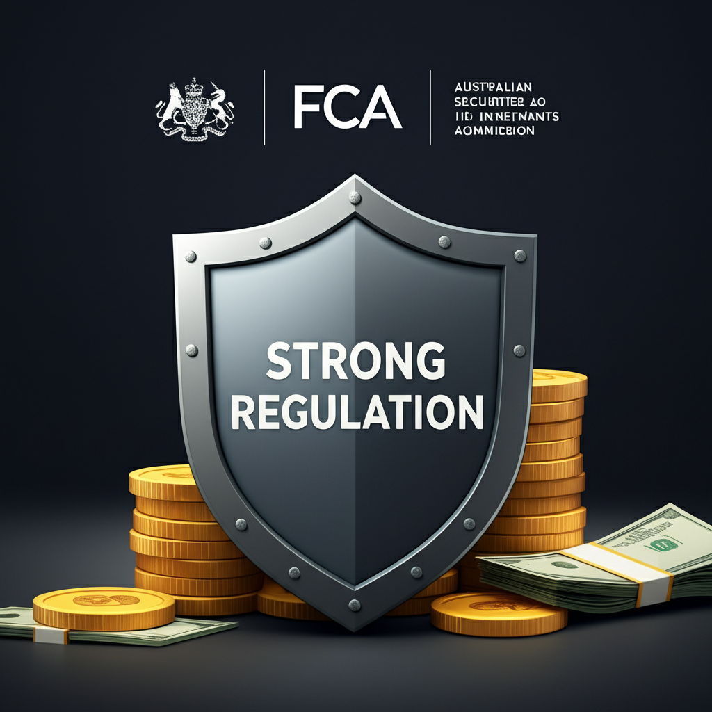 ภาพโล่ป้องกันเงินทุน พร้อมโลโก้ ASIC และ FCA สื่อถึงการกำกับดูแลที่เข้มงวด