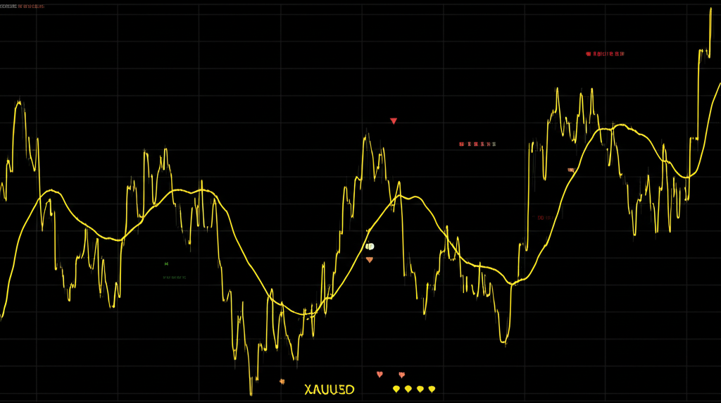 กราฟราคาทองคำ XAUUSD แบบเรียลไทม์ แสดงการขึ้นลงอย่างต่อเนื่องและดัชนีความรู้สึกตลาด